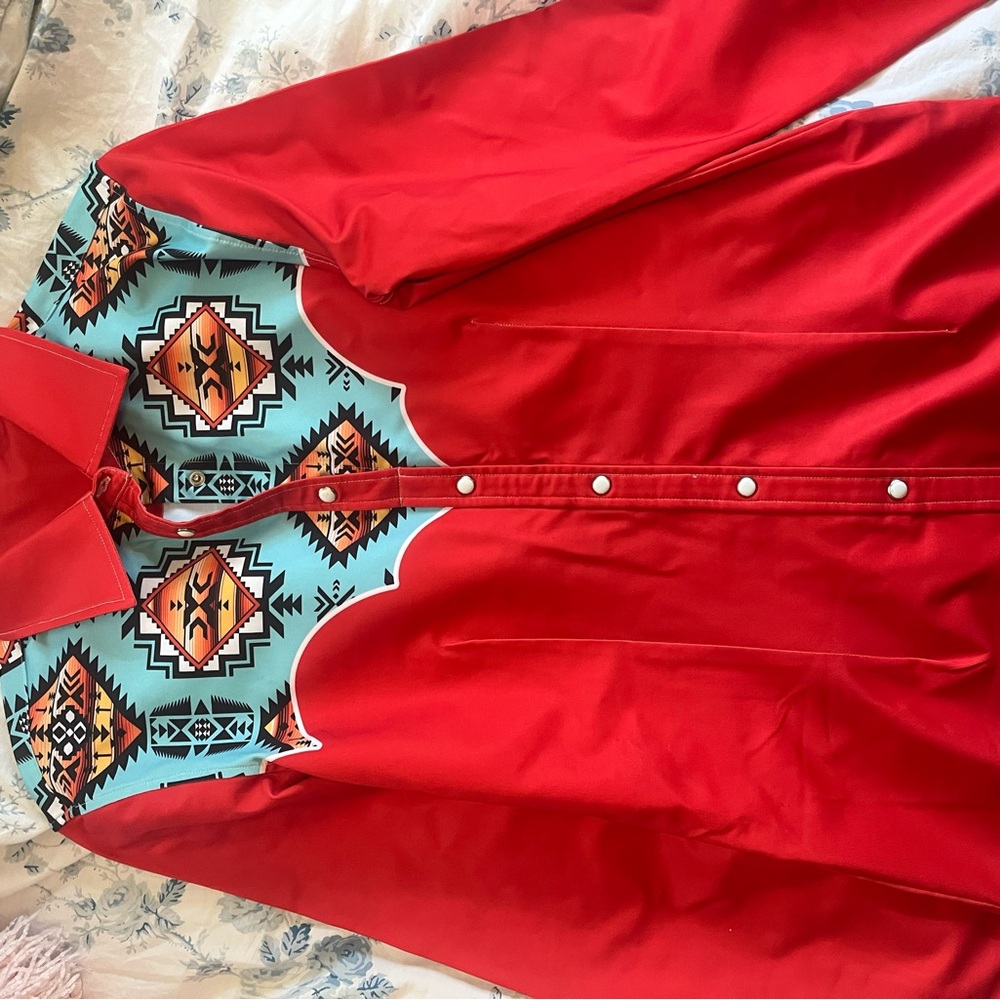 Ranch Dressi'n Red Performance Rodeo Shirt with Aztec Pattern